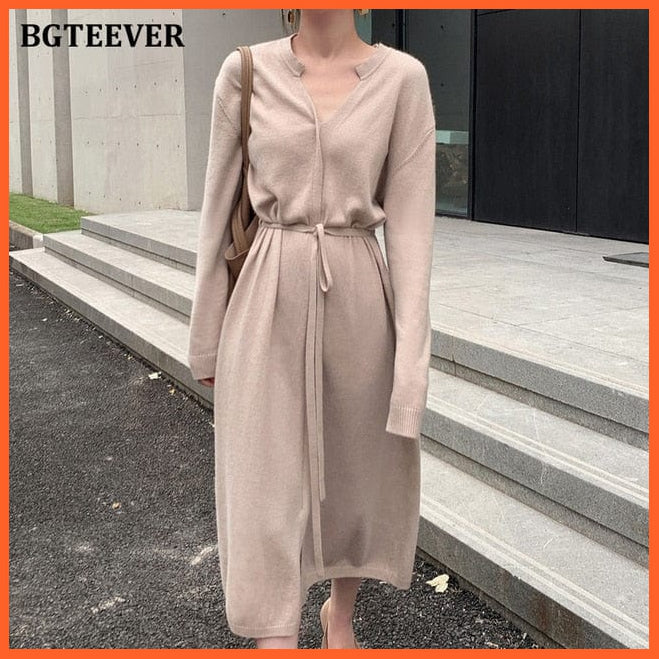 Vintage Women Knitted Dress Brief V-Neck Warm Drawstring Lace-Up Loose Midi | whatagift.com.au.