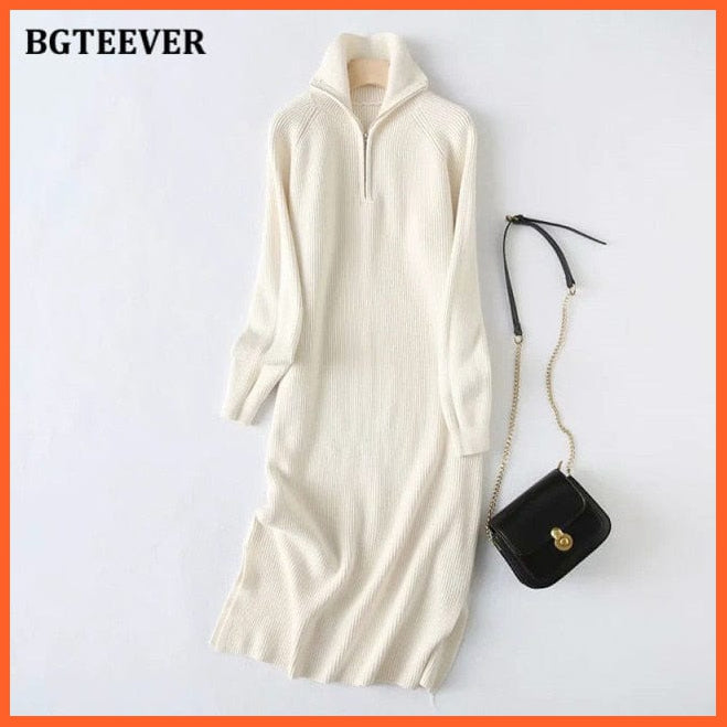 Casual Thicken Turtleneck Zippers Knitted Long Sleeve Dress For Women | whatagift.com.au.