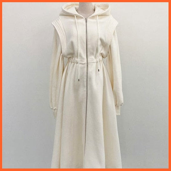 Women Hooded Sweatshirt Midi Dress Casual Elastic Waist Long Sleeve A-Line Dress | whatagift.com.au.