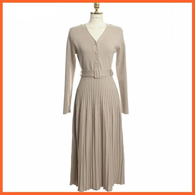 Elegant V-Neck Autumn Knitted Pleated Dress | whatagift.com.au.
