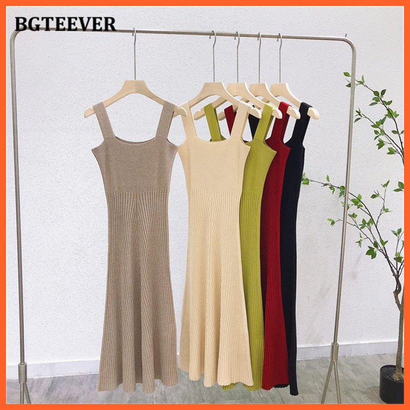 Women Midi Knitted Casual Elegant Sleeveless Slim Waist Sweater Dress | whatagift.com.au.
