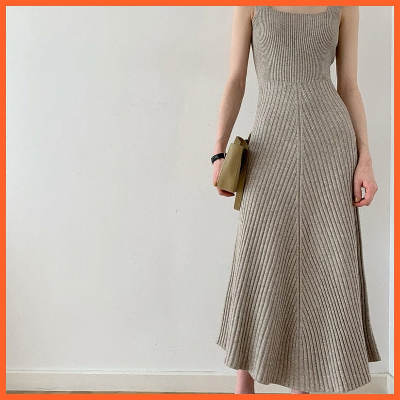 Women Midi Knitted Casual Elegant Sleeveless Slim Waist Sweater Dress | whatagift.com.au.