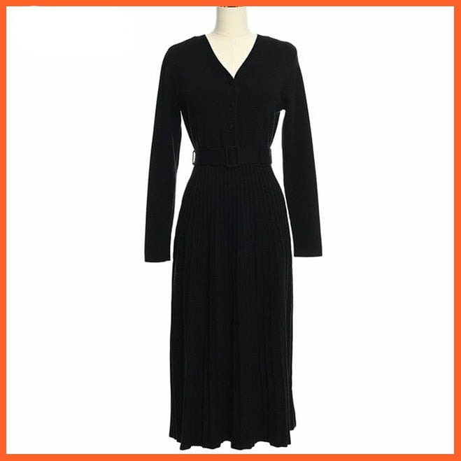 Elegant V-Neck Autumn Knitted Pleated Dress | whatagift.com.au.
