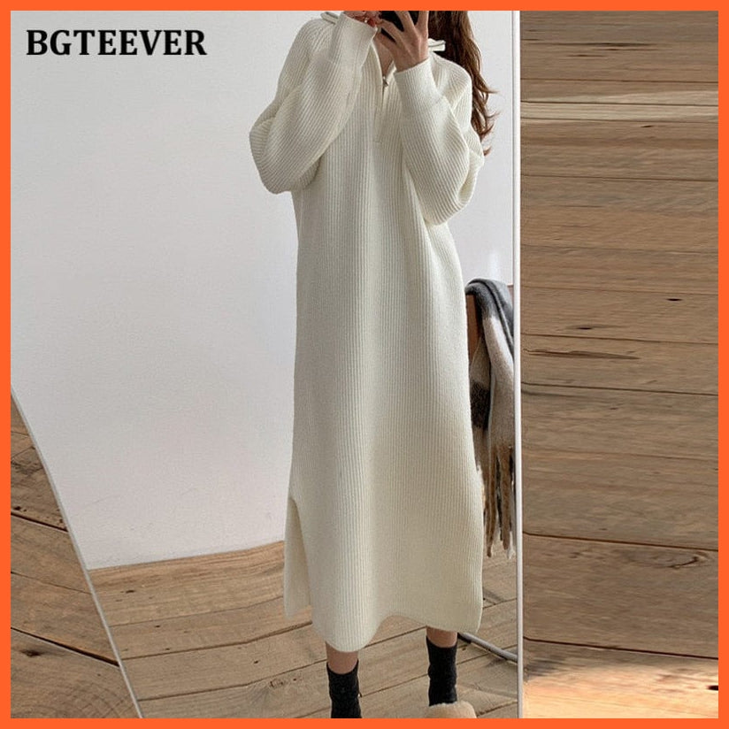 Casual Thicken Turtleneck Zippers Knitted Long Sleeve Dress For Women | whatagift.com.au.