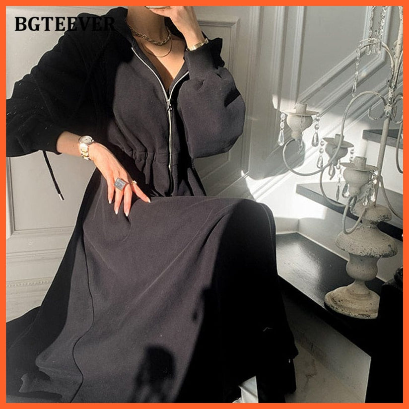 Women Hooded Sweatshirt Midi Dress Casual Elastic Waist Long Sleeve A-Line Dress | whatagift.com.au.