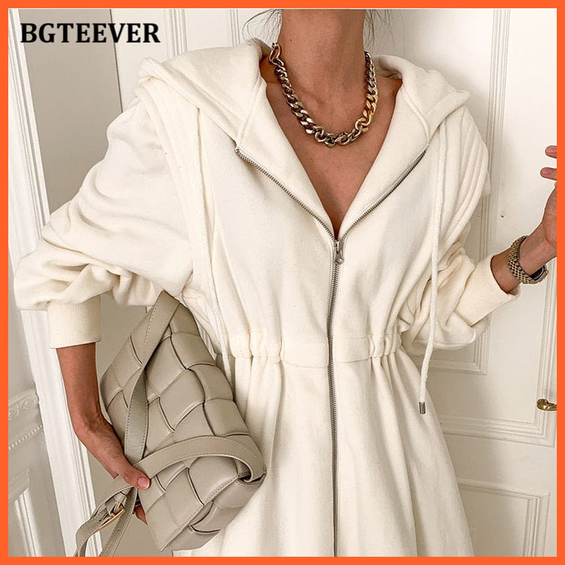 Women Hooded Sweatshirt Midi Dress Casual Elastic Waist Long Sleeve A-Line Dress | whatagift.com.au.