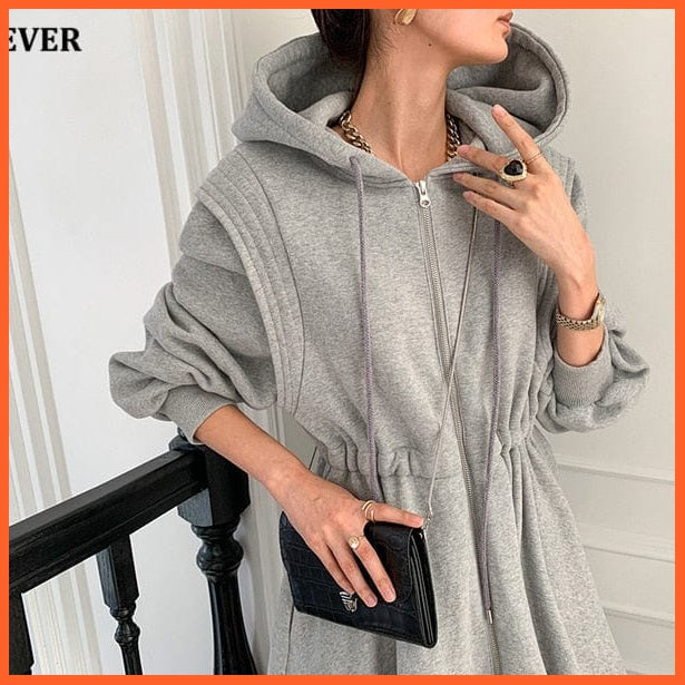 Women Hooded Sweatshirt Midi Dress Casual Elastic Waist Long Sleeve A-Line Dress | whatagift.com.au.