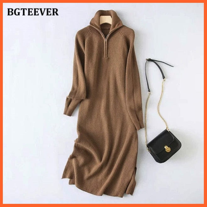 Casual Thicken Turtleneck Zippers Knitted Long Sleeve Dress For Women | whatagift.com.au.