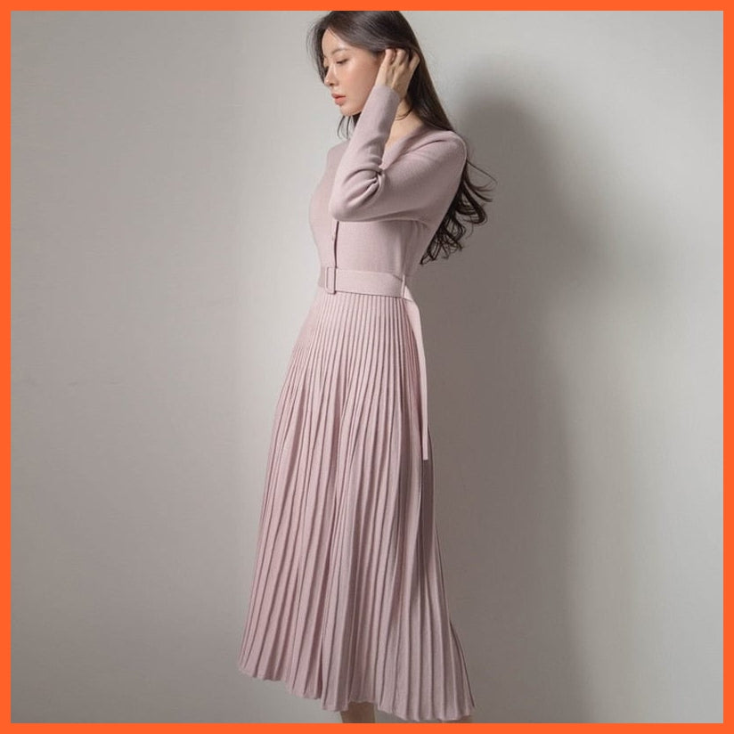 Elegant V-Neck Autumn Knitted Pleated Dress | whatagift.com.au.