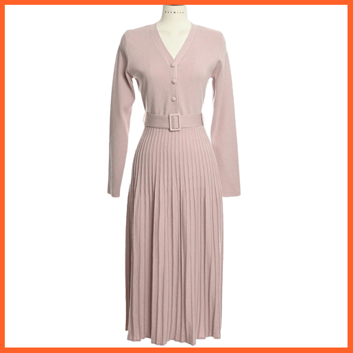 Elegant V-Neck Autumn Knitted Pleated Dress | whatagift.com.au.