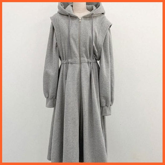 Women Hooded Sweatshirt Midi Dress Casual Elastic Waist Long Sleeve A-Line Dress | whatagift.com.au.