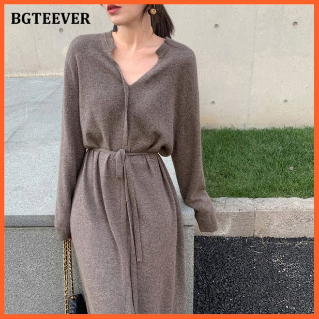 Vintage Women Knitted Dress Brief V-Neck Warm Drawstring Lace-Up Loose Midi | whatagift.com.au.