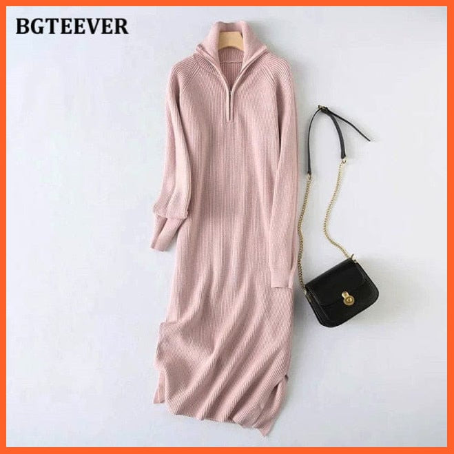 Casual Thicken Turtleneck Zippers Knitted Long Sleeve Dress For Women | whatagift.com.au.