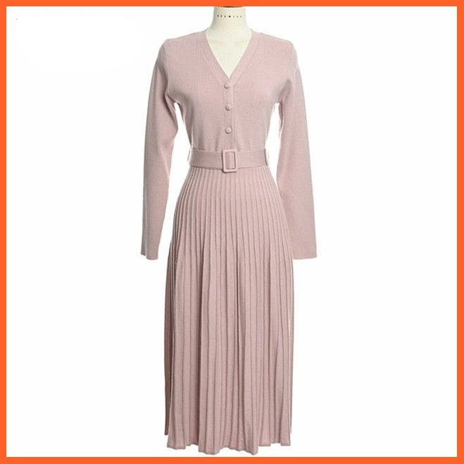 Elegant V-Neck Autumn Knitted Pleated Dress | whatagift.com.au.
