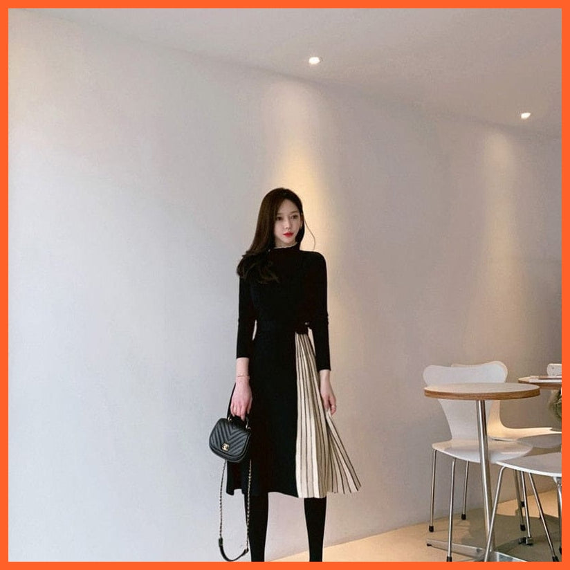 Stylish Half Turtleneck Women Sweater Dress | Long Sleeve Slim Belted Female Patchwork Knitted Dress | whatagift.com.au.