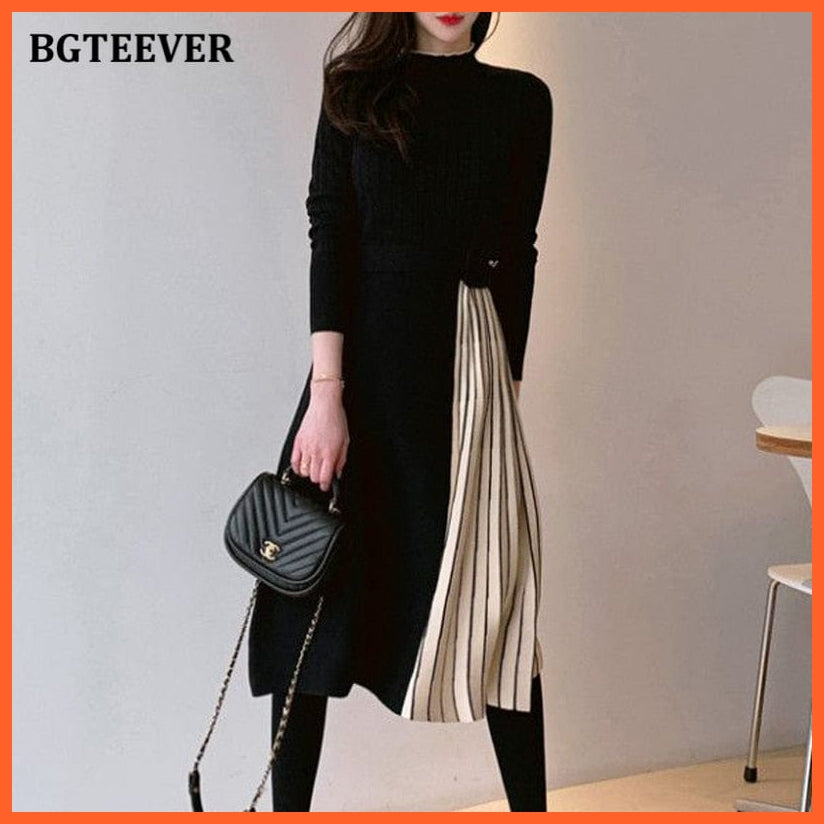 Stylish Half Turtleneck Women Sweater Dress | Long Sleeve Slim Belted Female Patchwork Knitted Dress | whatagift.com.au.