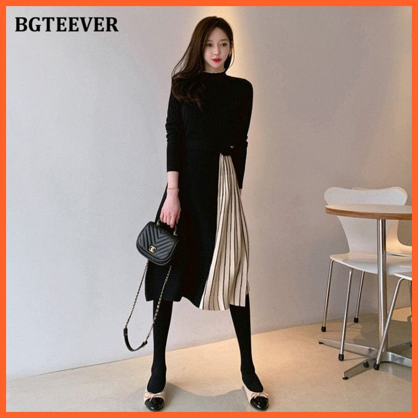 Stylish Half Turtleneck Women Sweater Dress | Long Sleeve Slim Belted Female Patchwork Knitted Dress | whatagift.com.au.