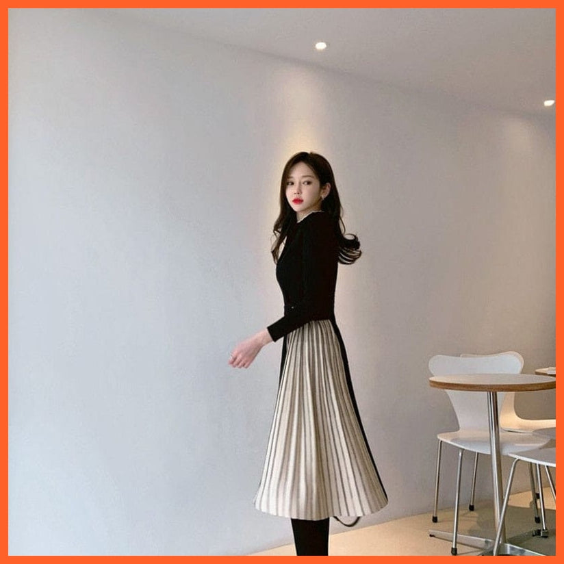 Stylish Half Turtleneck Women Sweater Dress | Long Sleeve Slim Belted Female Patchwork Knitted Dress | whatagift.com.au.