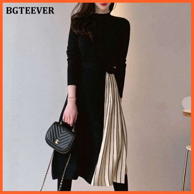 Stylish Half Turtleneck Women Sweater Dress | Long Sleeve Slim Belted Female Patchwork Knitted Dress | whatagift.com.au.