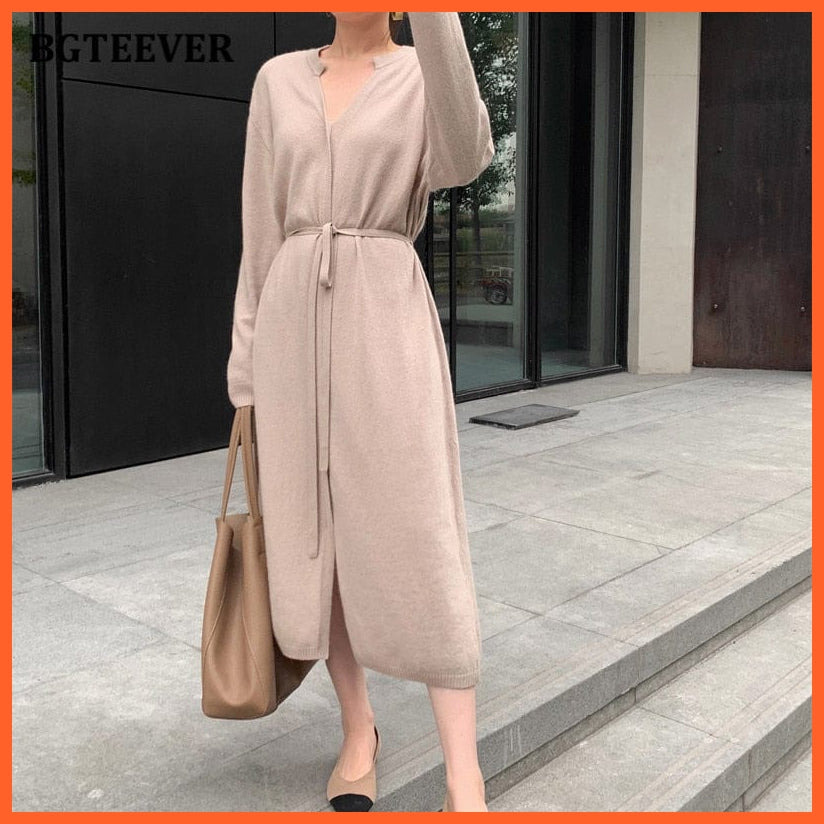 Vintage Women Knitted Dress Brief V-Neck Warm Drawstring Lace-Up Loose Midi | whatagift.com.au.