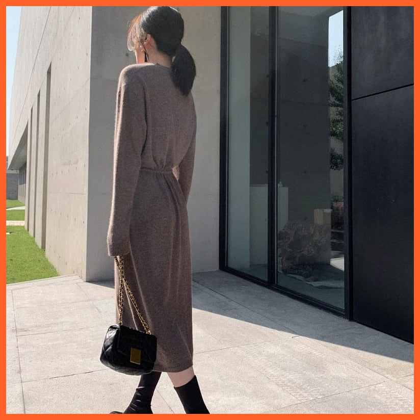 Vintage Women Knitted Dress Brief V-Neck Warm Drawstring Lace-Up Loose Midi | whatagift.com.au.