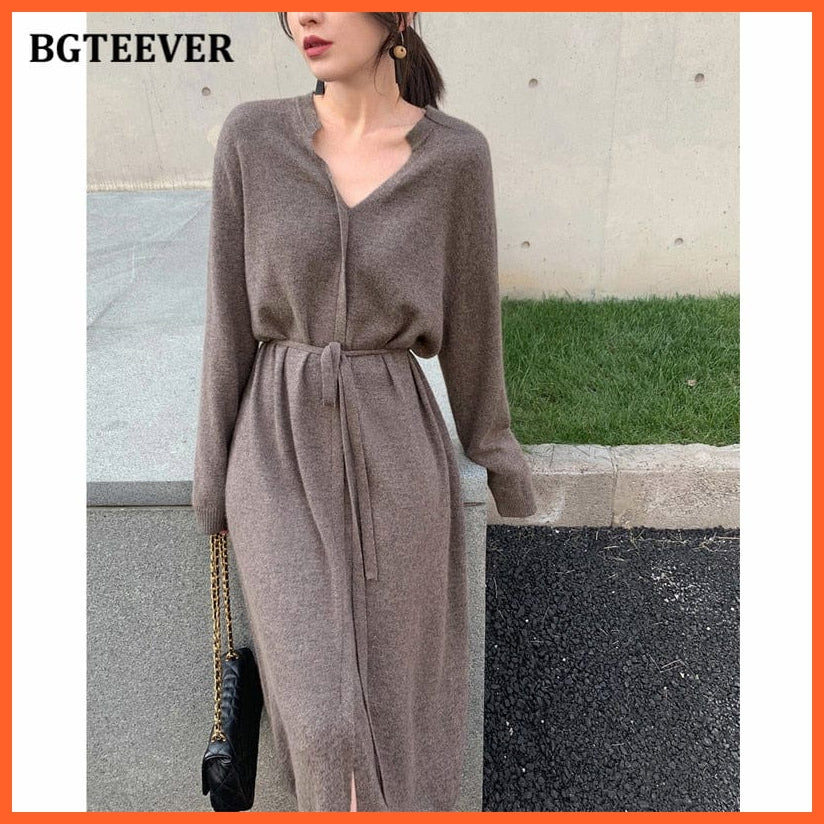 Vintage Women Knitted Dress Brief V-Neck Warm Drawstring Lace-Up Loose Midi | whatagift.com.au.