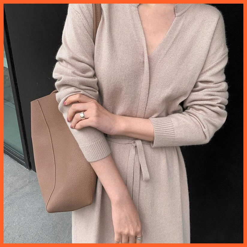 Vintage Women Knitted Dress Brief V-Neck Warm Drawstring Lace-Up Loose Midi | whatagift.com.au.