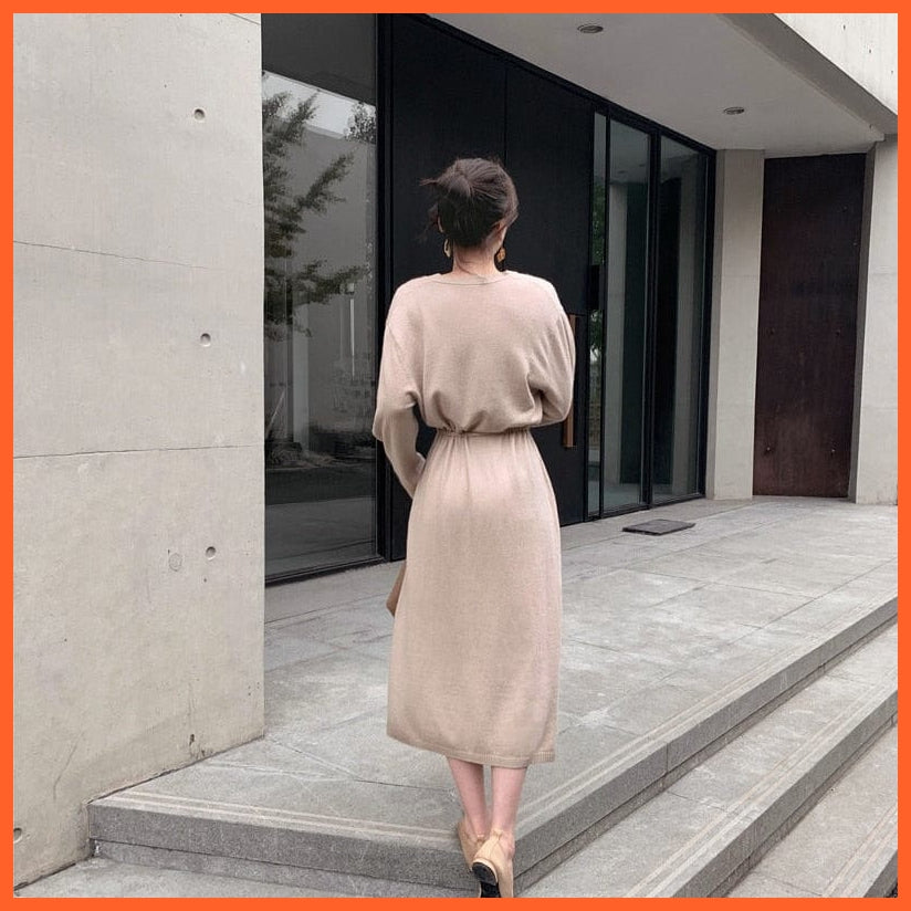 Vintage Women Knitted Dress Brief V-Neck Warm Drawstring Lace-Up Loose Midi | whatagift.com.au.