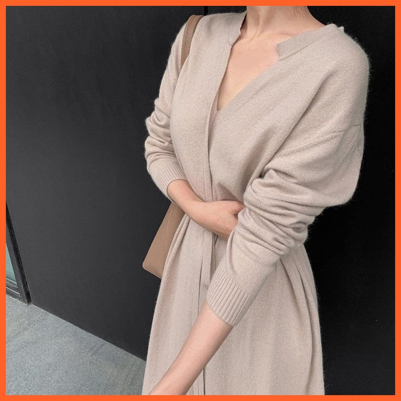 Vintage Women Knitted Dress Brief V-Neck Warm Drawstring Lace-Up Loose Midi | whatagift.com.au.