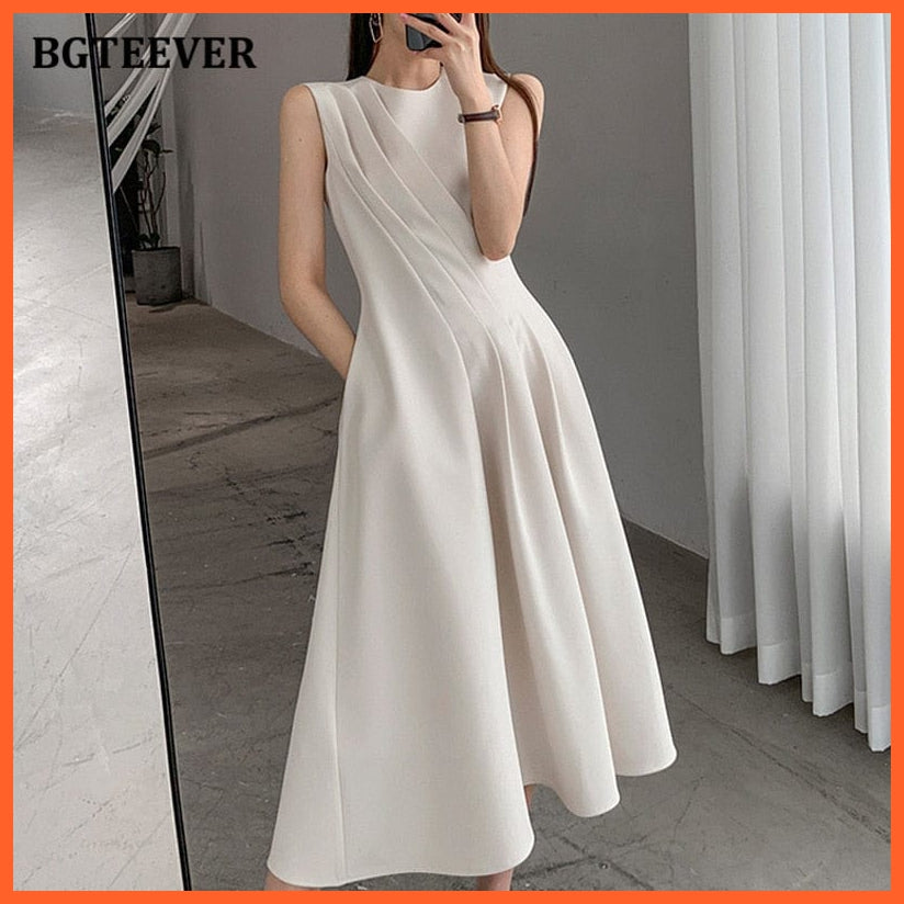 Women Elegant O-Neck Sleeveless Slim Waist A-Line Dress For Spring Summer | whatagift.com.au.