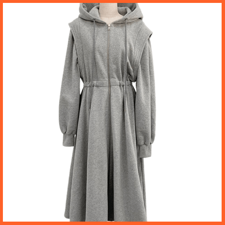 Women Hooded Sweatshirt Midi Dress Casual Elastic Waist Long Sleeve A-Line Dress | whatagift.com.au.