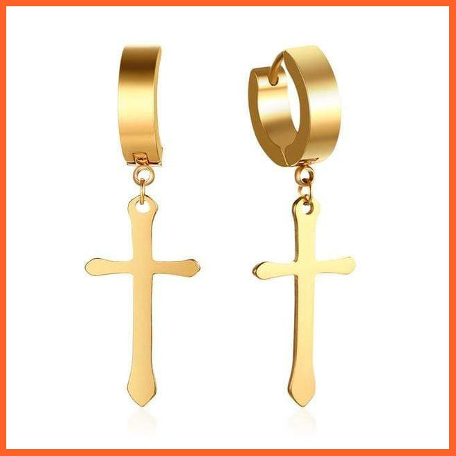 Unisex Cross Drop Earrings | Women Men Punk Small Circle With Cross Stainless Steel Drop Earrings | whatagift.com.au.