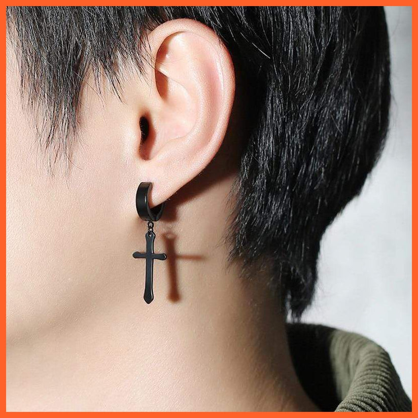 Unisex Cross Drop Earrings | Women Men Punk Small Circle With Cross Stainless Steel Drop Earrings | whatagift.com.au.