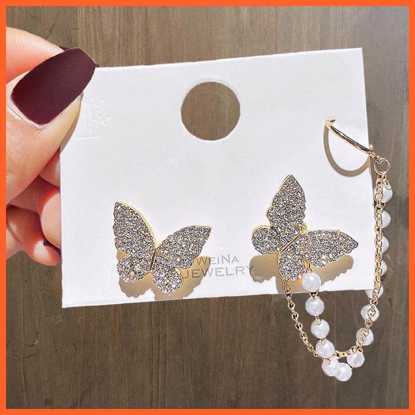 Asymmetrical Rhinestone Butterfly Drop Earrings For Women | Girls Trendy Fashion Pearl Chain Earrings Jewellery Gifts | whatagift.com.au.