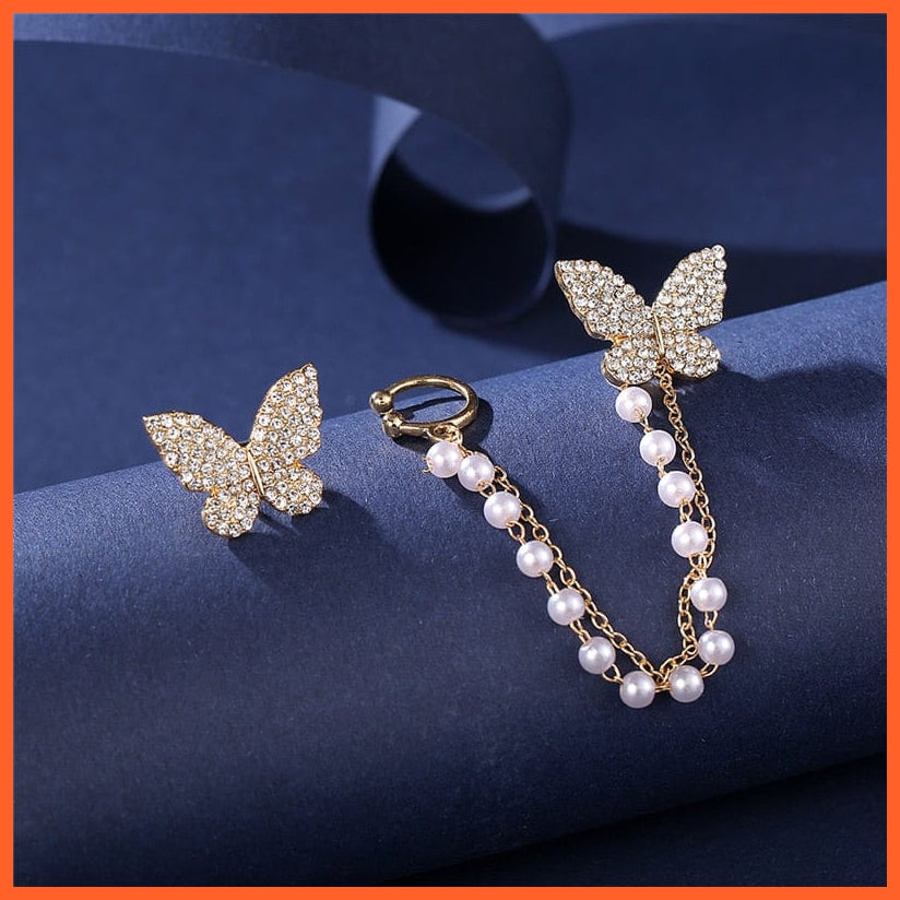 Asymmetrical Rhinestone Butterfly Drop Earrings For Women | Girls Trendy Fashion Pearl Chain Earrings Jewellery Gifts | whatagift.com.au.