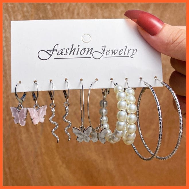 Trendy Gold Silver Color Butterfly Hoop Earrings Set For Women | Snake Pearl Resin Hoop Earrings Party Jewellery Gifts | whatagift.com.au.