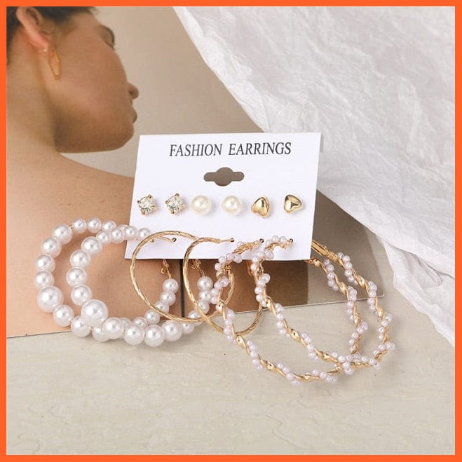 Vintage Big Pearl Hoop Earrings Set For Women | Fashion Gold Geometric Heart Circle Hoop Earrings Travel Wedding Jewellery Gifts | whatagift.com.au.