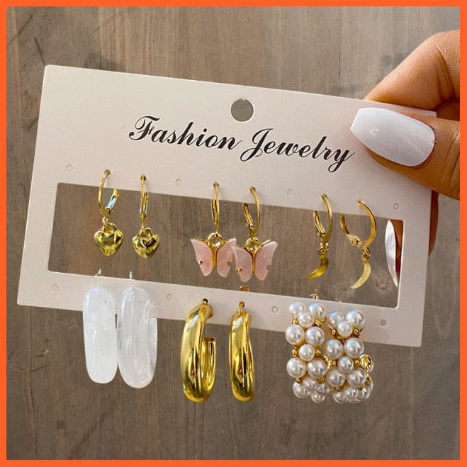 Fashion Gold Heart Butterfly Stud Earrings Set For Women | Trendy Acrylic Resin Pearl Stud Earrings Party Jewellery | whatagift.com.au.