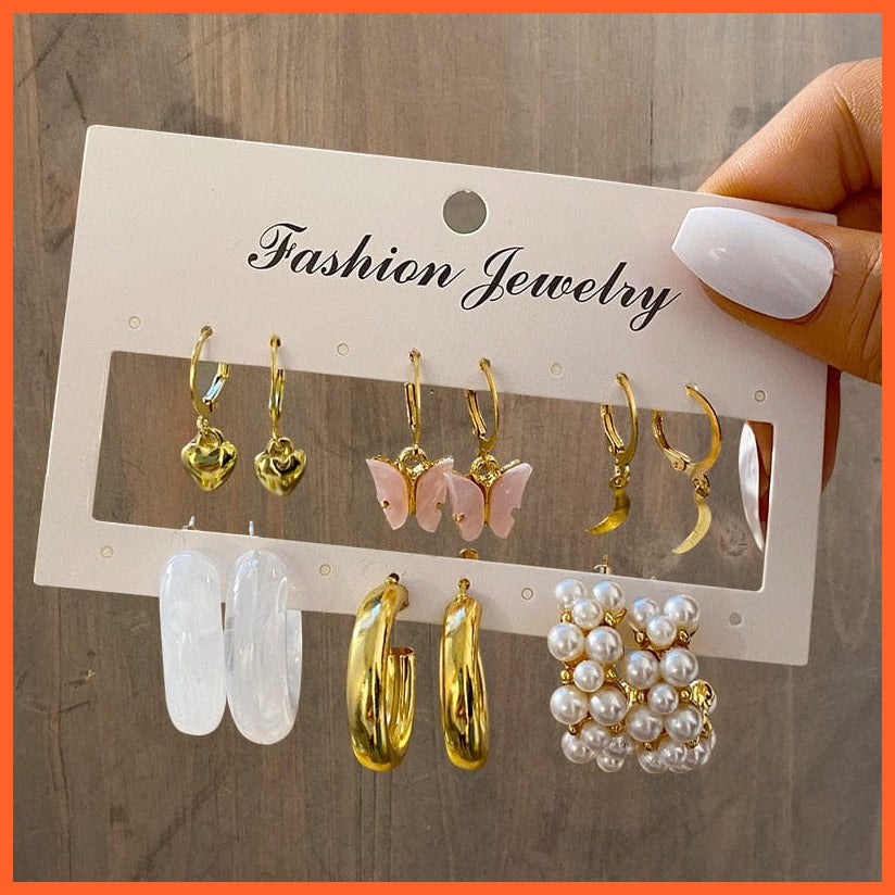 Fashion Gold Heart Butterfly Stud Earrings Set For Women | Trendy Acrylic Resin Pearl Stud Earrings Party Jewellery | whatagift.com.au.