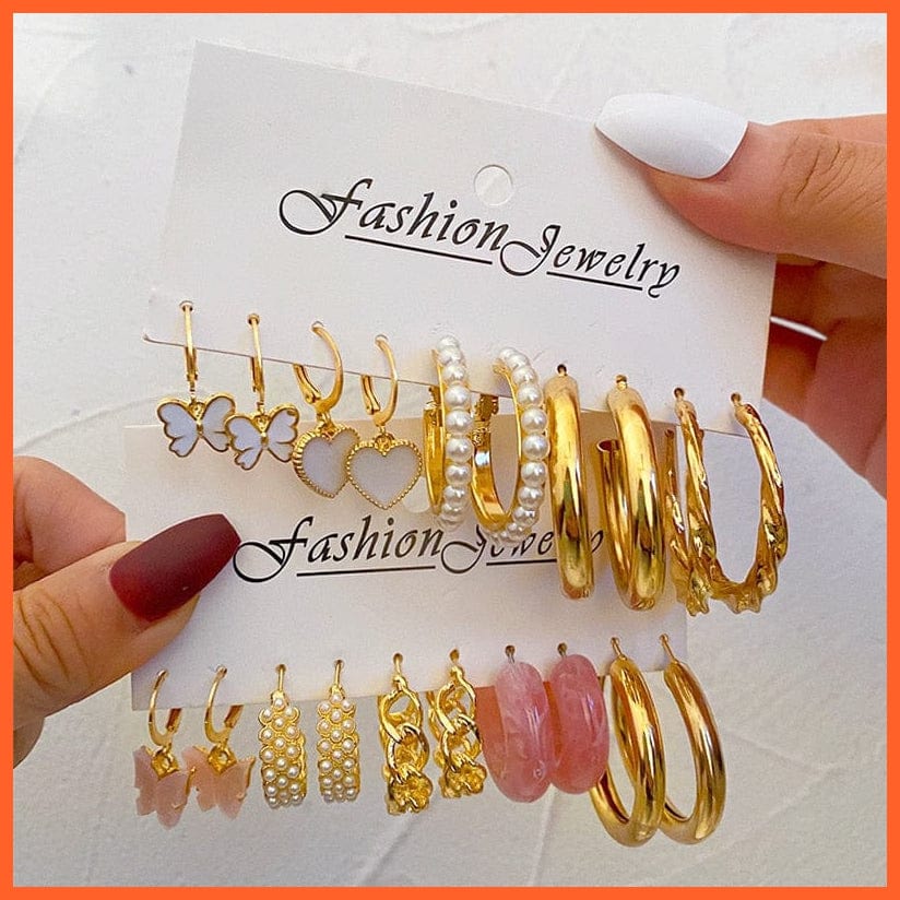 Fashion Gold Heart Butterfly Stud Earrings Set For Women | Trendy Acrylic Resin Pearl Stud Earrings Party Jewellery | whatagift.com.au.