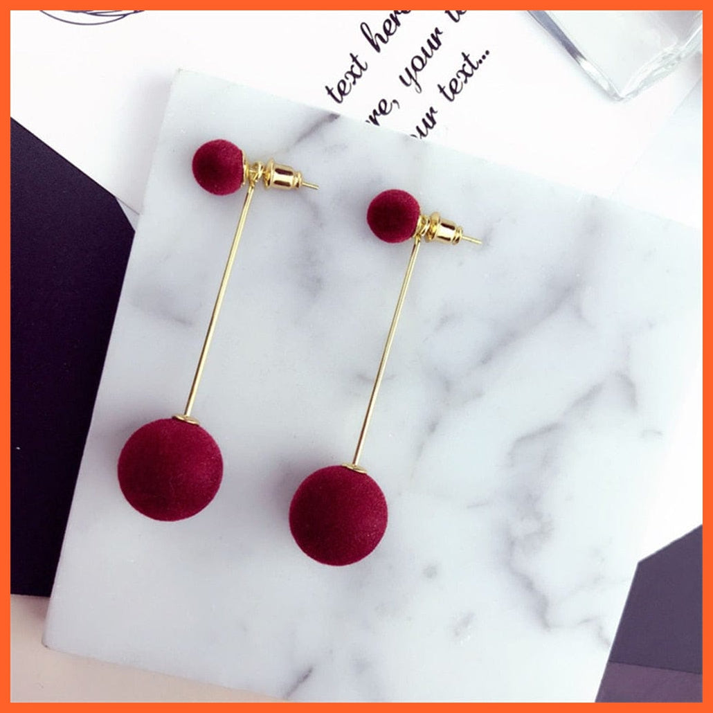 Fashion Red Black Plush Ball Drop Earrings For Women | Korean Personality Round Long Tassel Earrings Statement Jewellery Gift | whatagift.com.au.