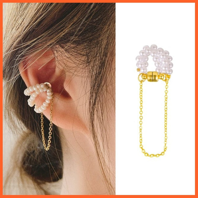 New Gold Pearl Tassel Earrings Drop Dangle Ear Clip For Women | Long Cuff Earring Bohemian Jewellery Gifts | whatagift.com.au.