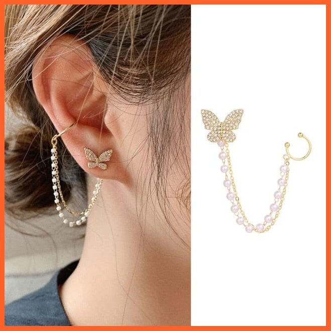 New Gold Pearl Tassel Earrings Drop Dangle Ear Clip For Women | Long Cuff Earring Bohemian Jewellery Gifts | whatagift.com.au.