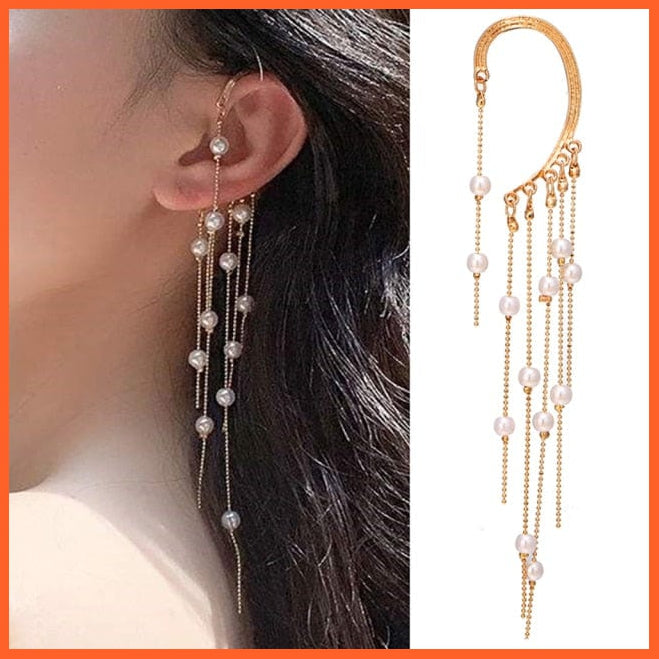 New Gold Pearl Tassel Earrings Drop Dangle Ear Clip For Women | Long Cuff Earring Bohemian Jewellery Gifts | whatagift.com.au.