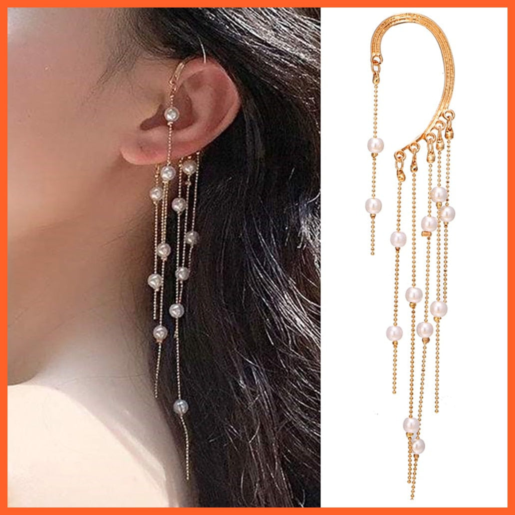 New Gold Pearl Tassel Earrings Drop Dangle Ear Clip For Women | Long Cuff Earring Bohemian Jewellery Gifts | whatagift.com.au.