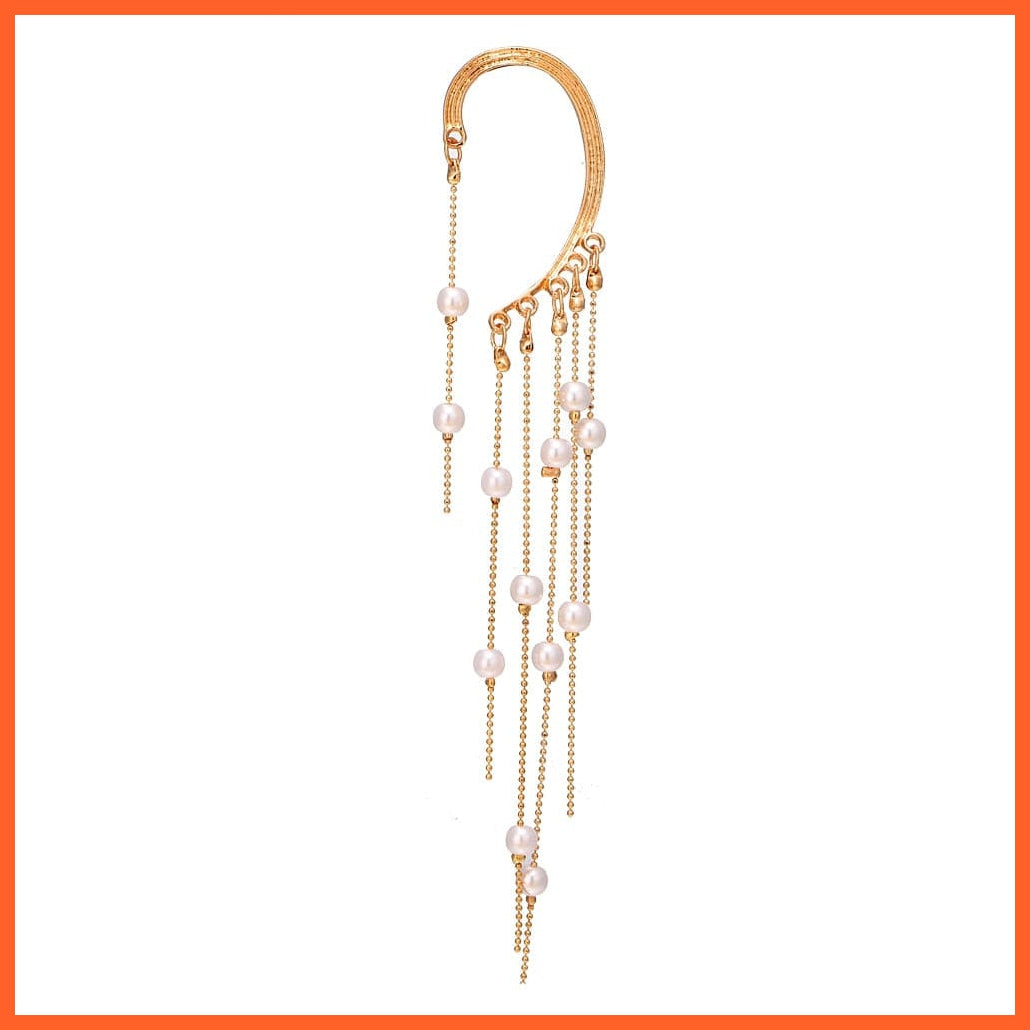 New Gold Pearl Tassel Earrings Drop Dangle Ear Clip For Women | Long Cuff Earring Bohemian Jewellery Gifts | whatagift.com.au.