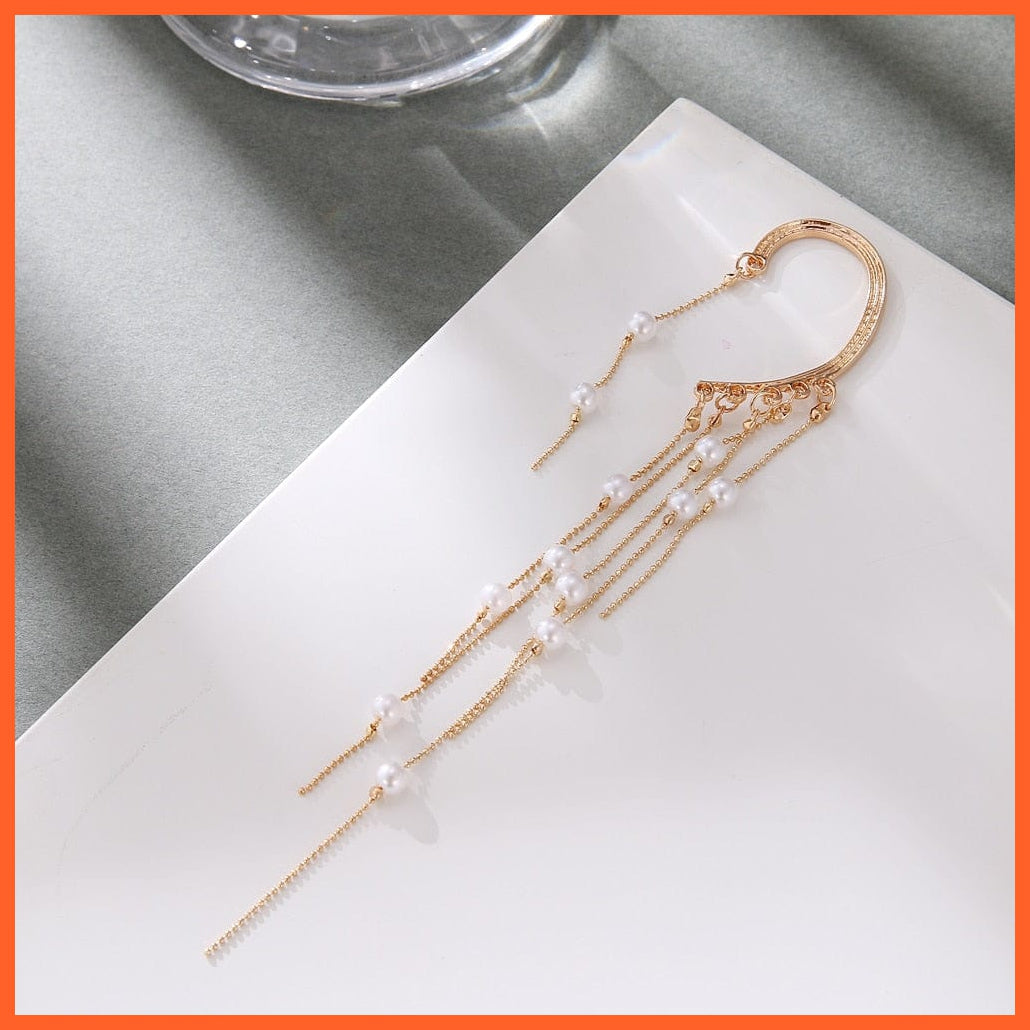 New Gold Pearl Tassel Earrings Drop Dangle Ear Clip For Women | Long Cuff Earring Bohemian Jewellery Gifts | whatagift.com.au.