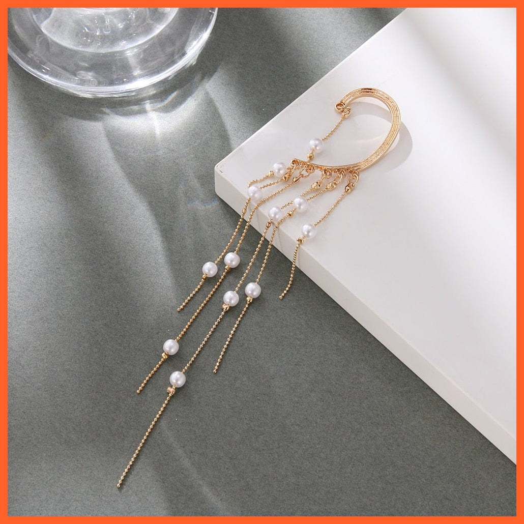 New Gold Pearl Tassel Earrings Drop Dangle Ear Clip For Women | Long Cuff Earring Bohemian Jewellery Gifts | whatagift.com.au.