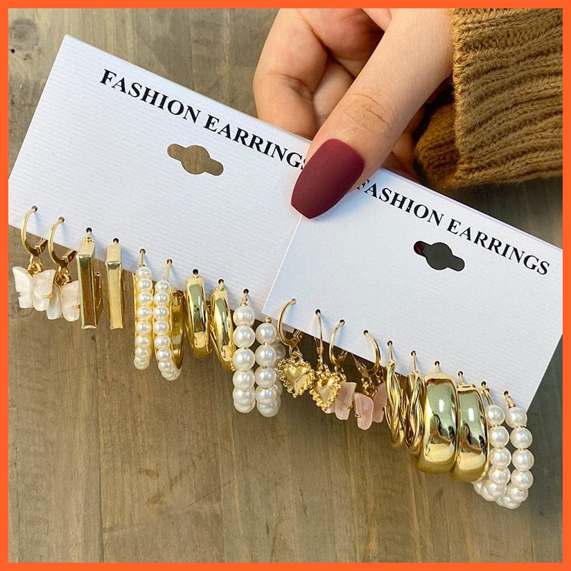Trendy Gold Geometirc Square Round Pearl Hoop Earrings Set For Women | Resin Acrylic Butterfly Hoop Earrings Jewellry Gifts | whatagift.com.au.