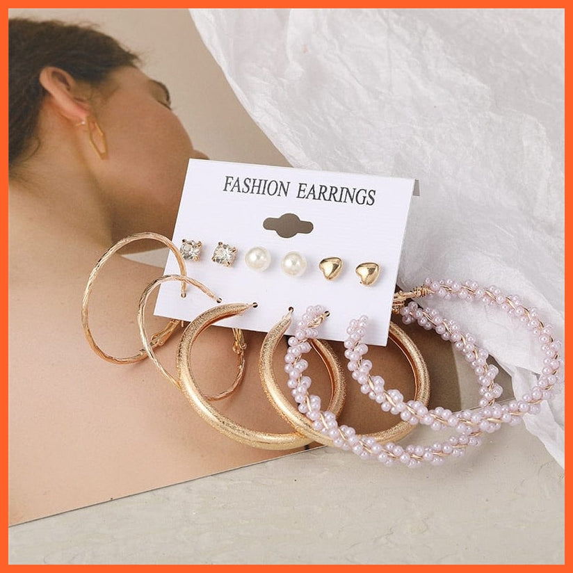Vintage Big Pearl Hoop Earrings Set For Women | Fashion Gold Geometric Heart Circle Hoop Earrings Travel Wedding Jewellery Gifts | whatagift.com.au.